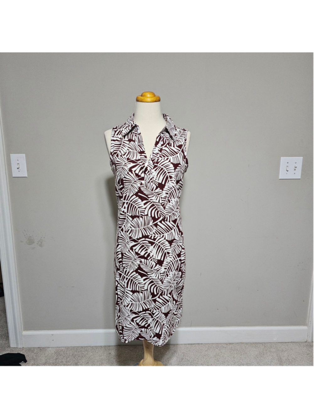 Per Se Small Palm Leaf Print Linen Blend Collared Shift Dress